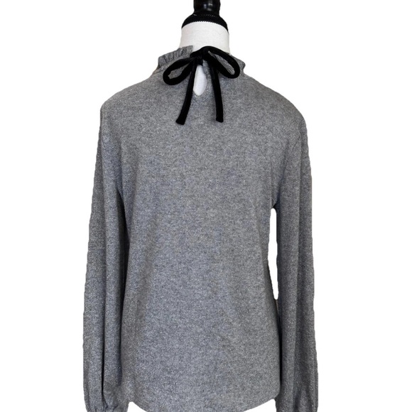 Talbots Women’s Small Black Velvet Tie Smocked Neck Top Gray Metallic Coquette - Picture 2 of 5